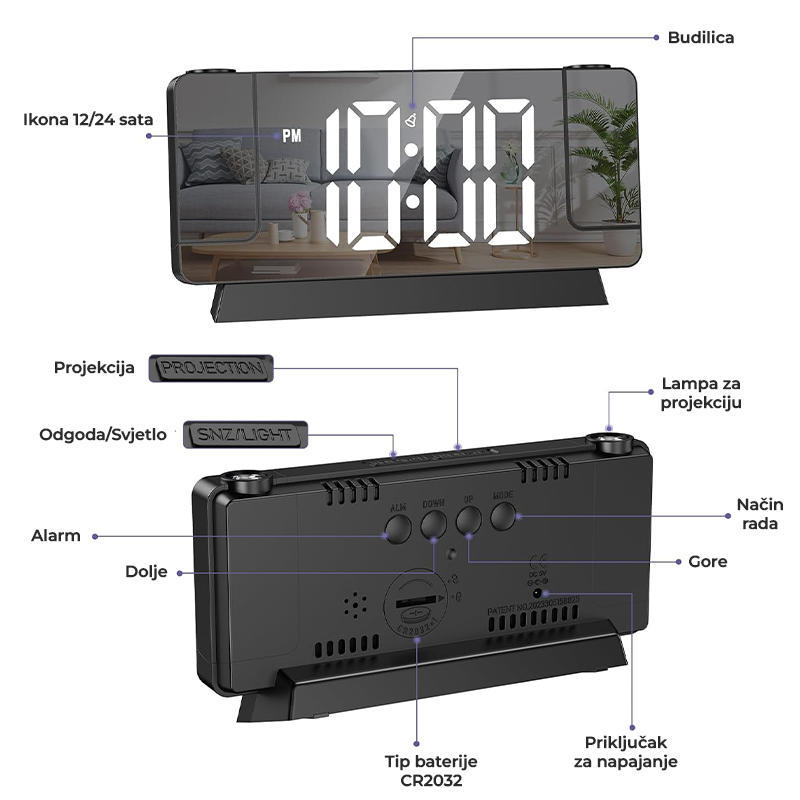 LED digitalni sat sa duplim projektorima